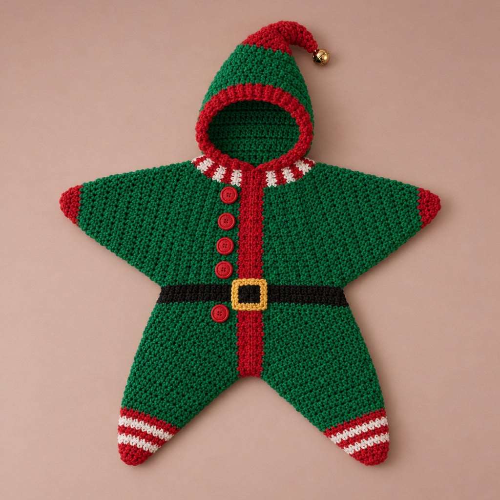 Elf crochet star suit in green and red with bell hood and belt, laid flat