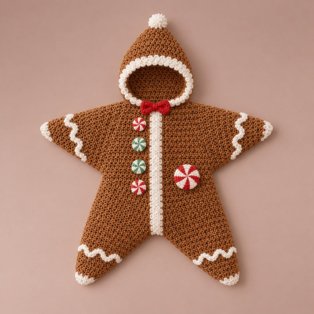 Gingerbread crochet star suit with icing trim, bow tie and peppermint buttons, laid flat