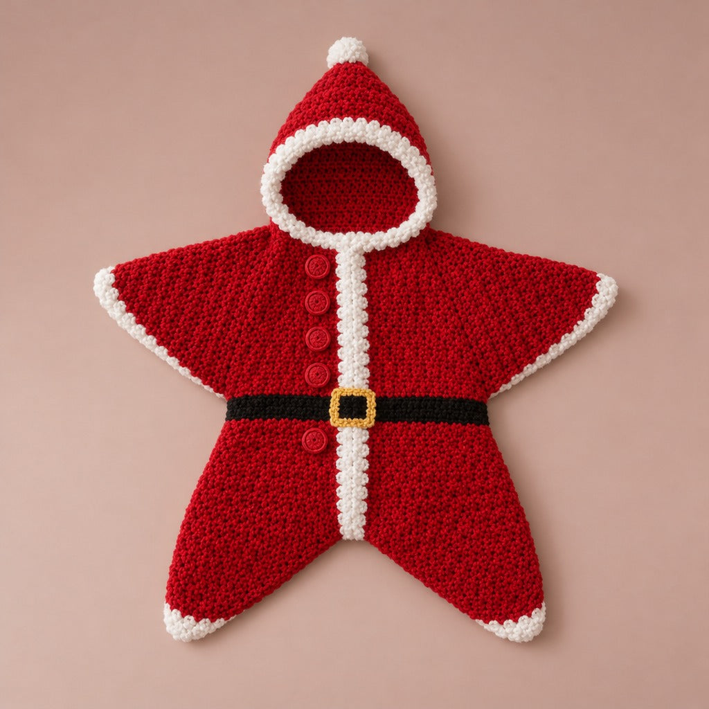 Santa crochet star suit in red with white trim, pompom hood and belt, laid flat