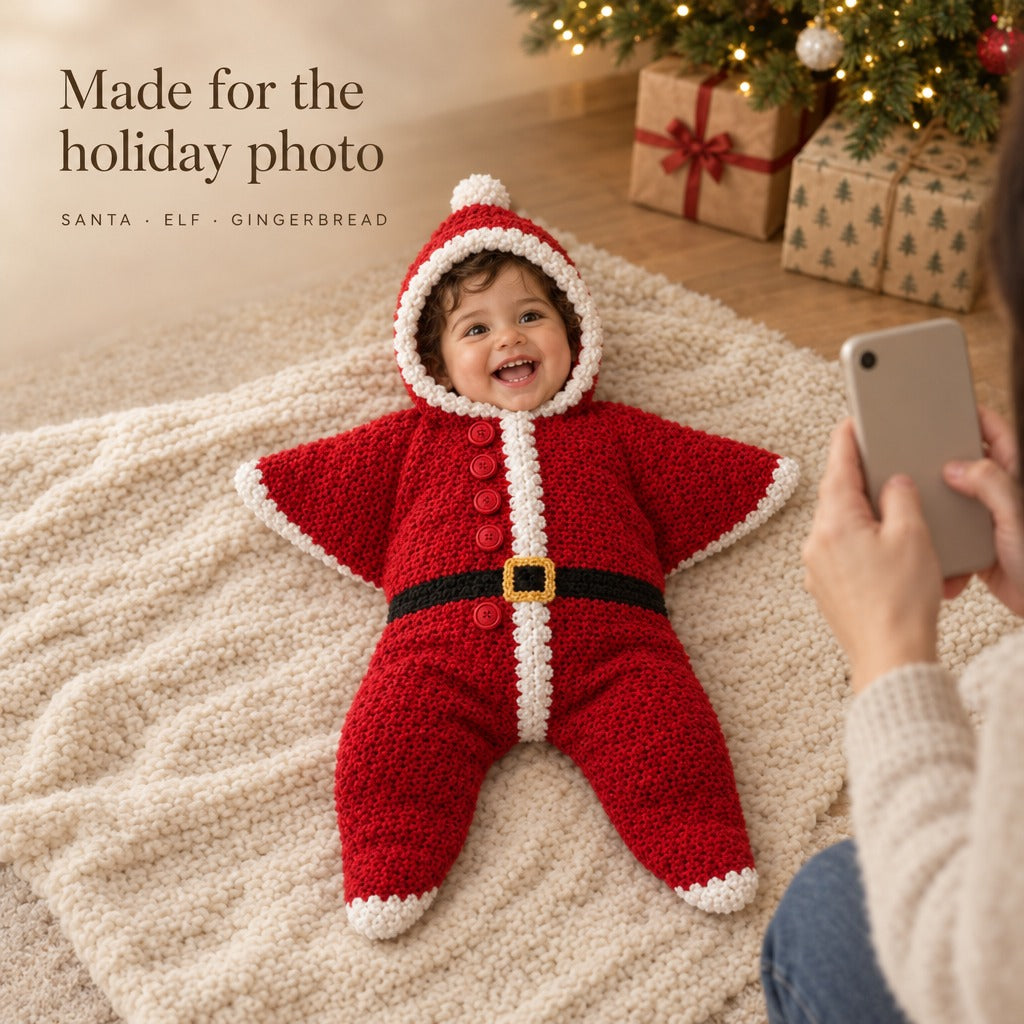 Mother photographing her baby in the Santa crochet star suit by the Christmas tree - made for the holiday photo