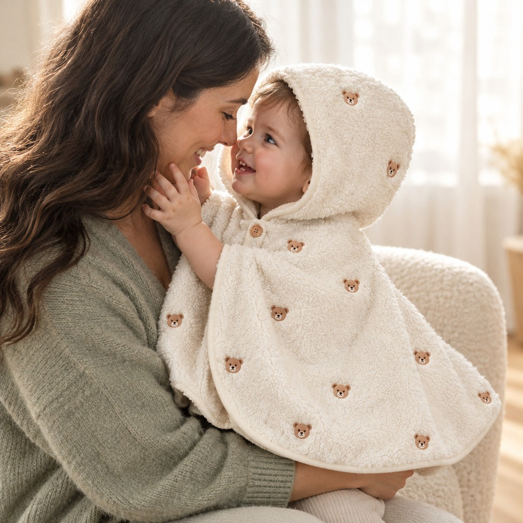 Mother cuddling her little one wearing The Teddy Mantle bear cape at home