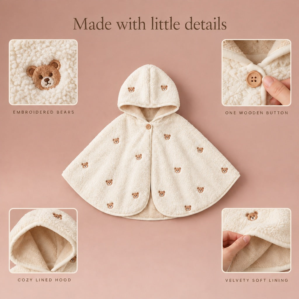 Teddy Mantle details: embroidered bears, one wooden button, cozy lined hood, velvety soft lining