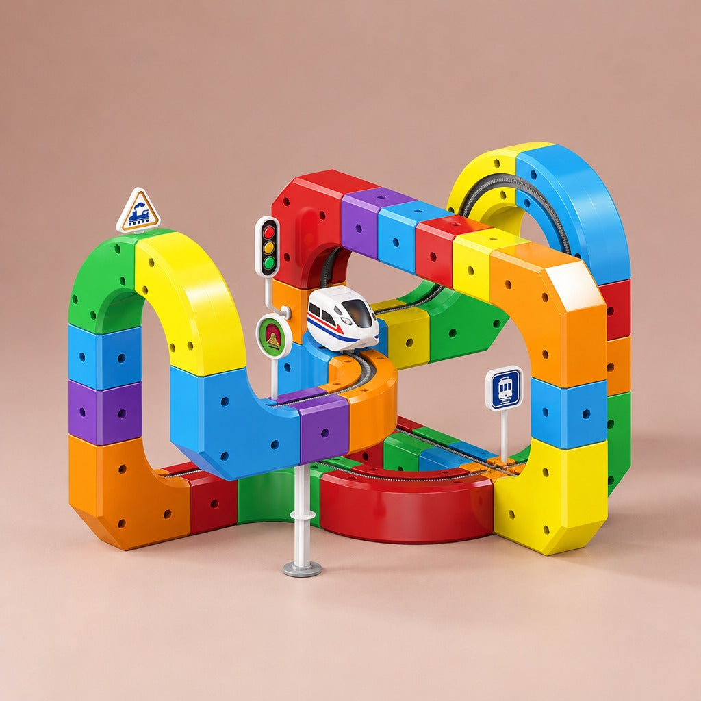 Colorful cube block climbing train track, 81-piece build with white electric train and road signs