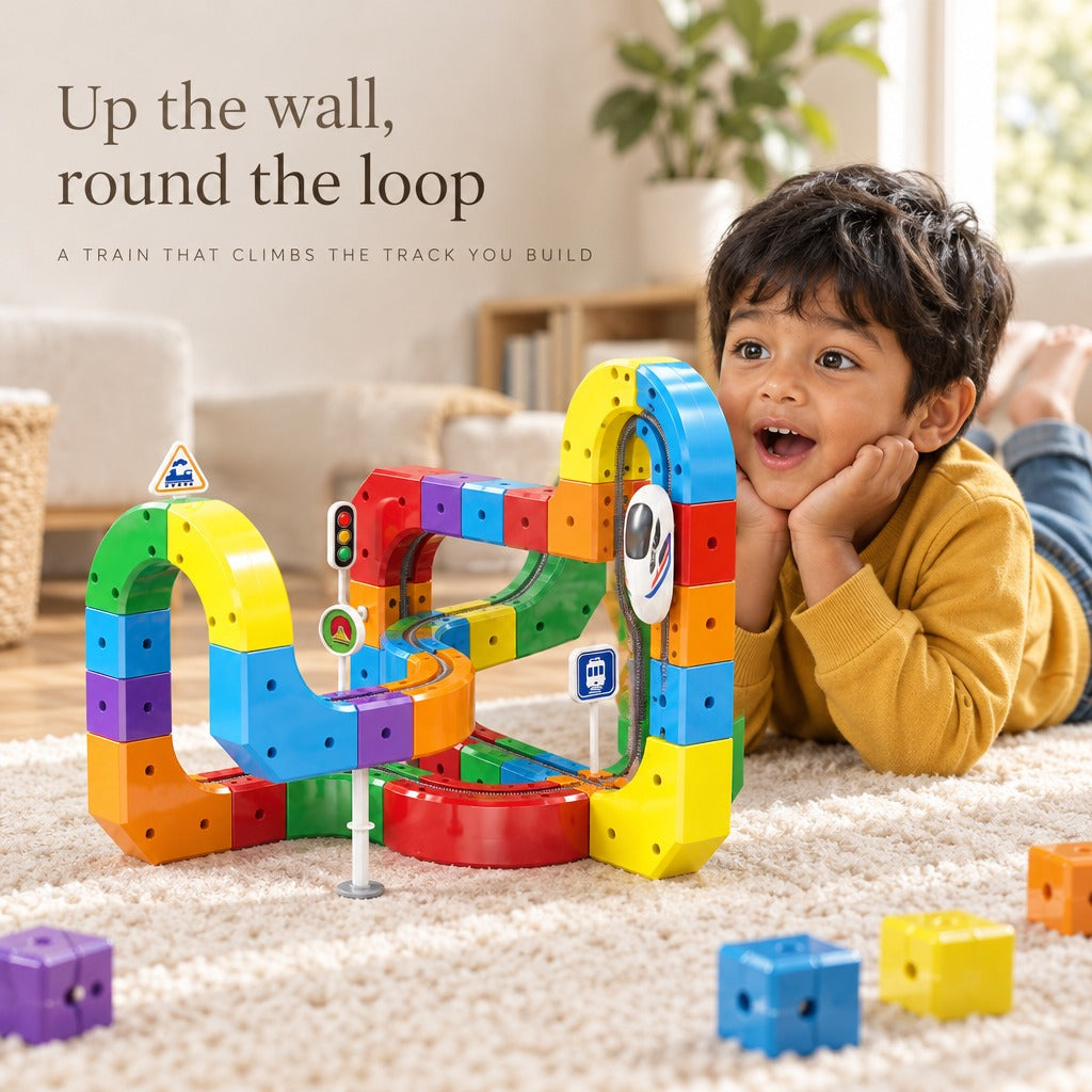 Boy watching the electric train climb up the cube track arch — Up the wall, round the loop