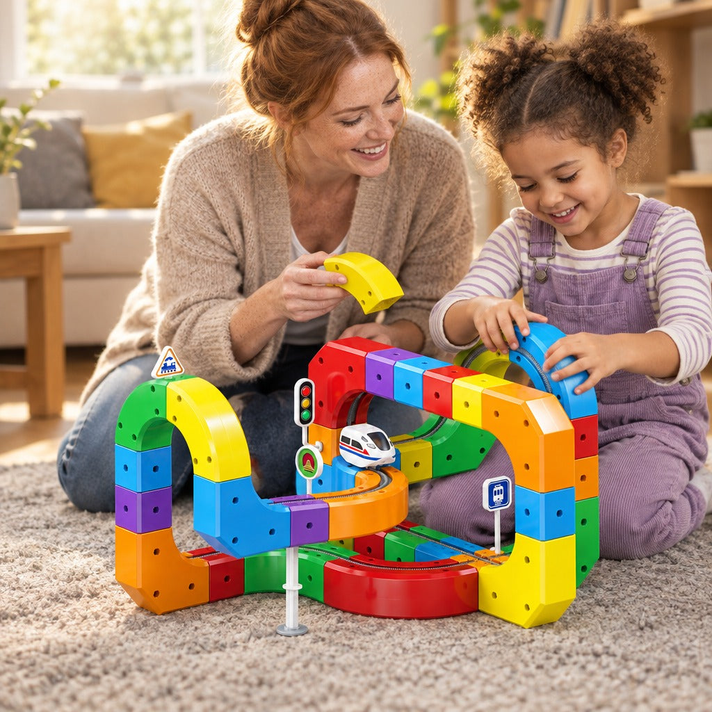 Mother and daughter building the cube train track together