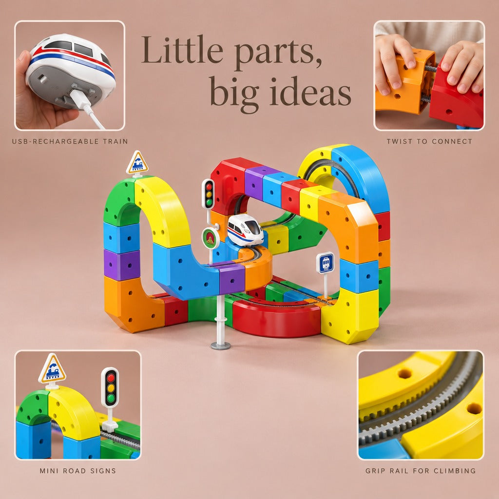 USB-rechargeable train, twist-to-connect blocks, mini road signs and grip rail for climbing