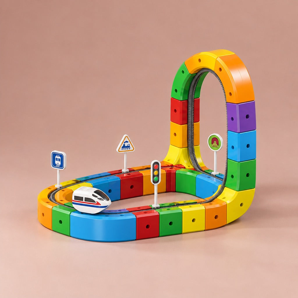 51-piece cube train track build with flat loop, upright loop and white electric train