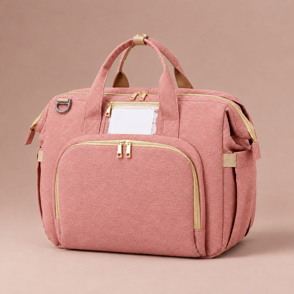 Baby changing bag with fold-out bed in lotus pink with gold-tone zips