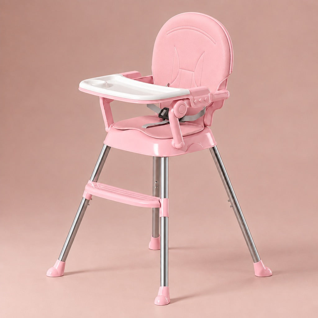 Foldable children's high chair in pink with double tray and cushioned seat
