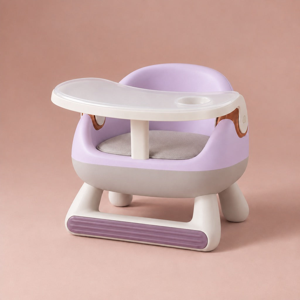 Purple toddler low chair with removable tray and translucent tray cover