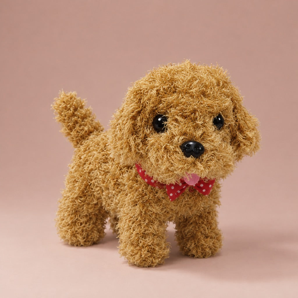 Curly brown plush puppy toy with red polka-dot bow