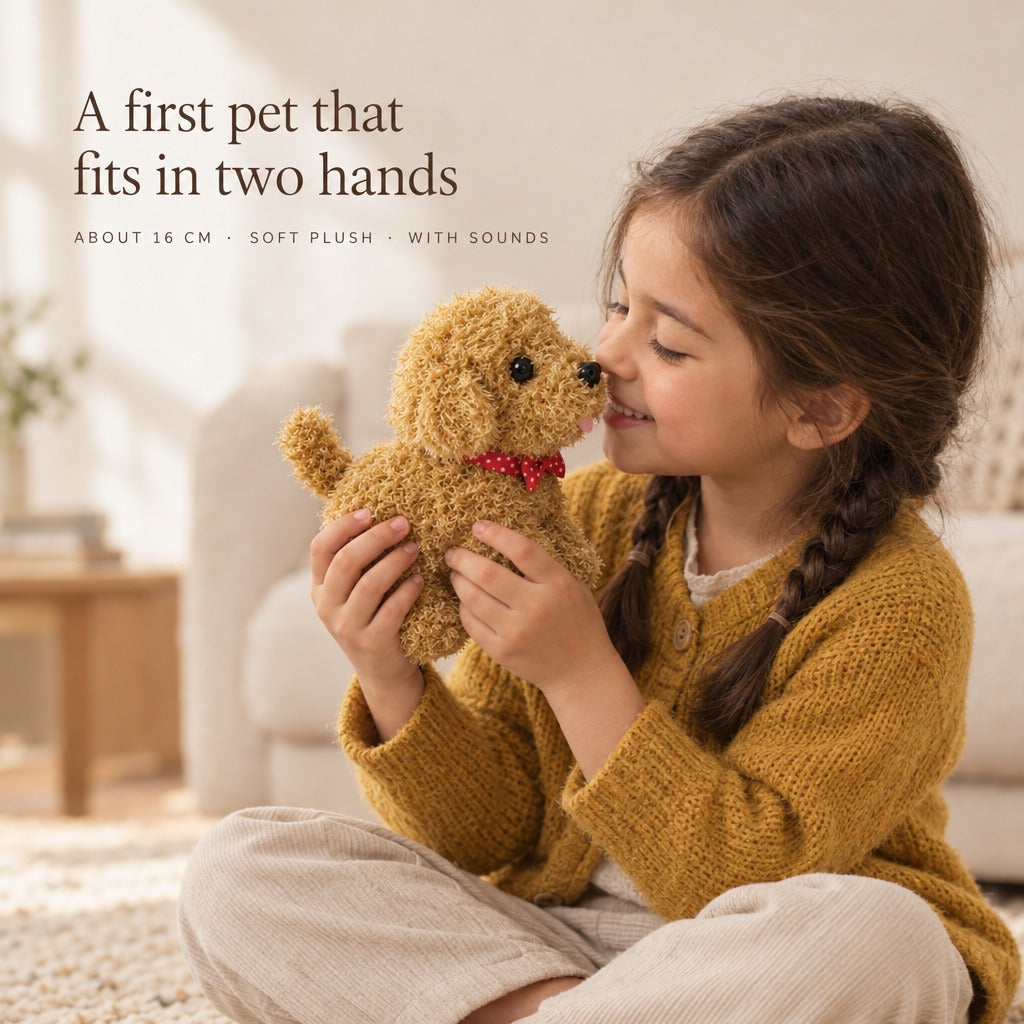 Girl holding the brown plush puppy in two hands - a first pet that fits in two hands, about 16 cm, with sounds