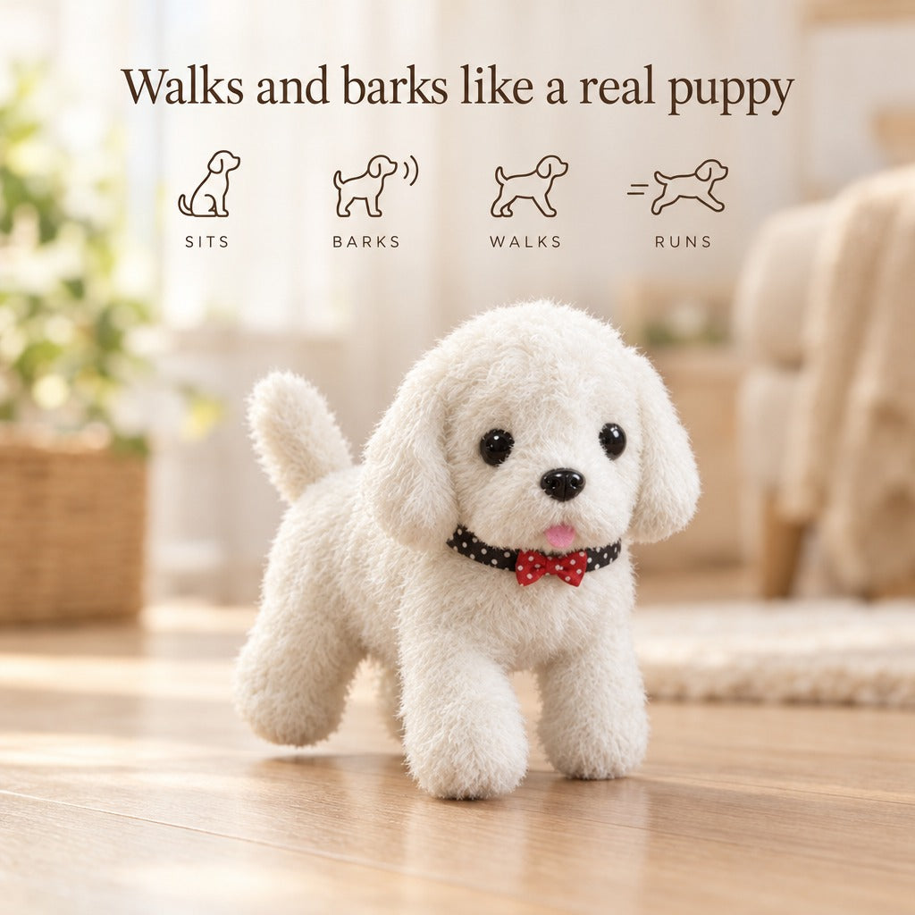 White plush puppy walking on a wooden floor - walks and barks like a real puppy: sits, barks, walks, runs
