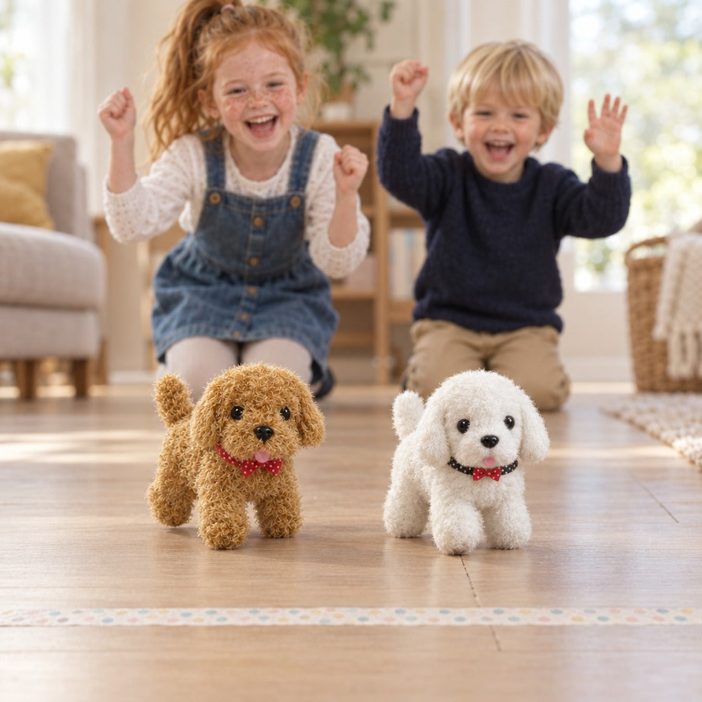 Brown and white plush puppies walking towards a finish line while two children cheer