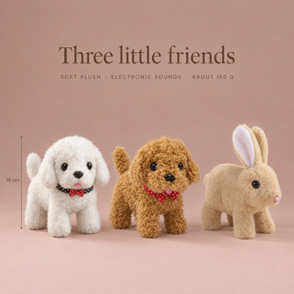 White puppy, brown puppy and bunny plush toys side by side, about 16 cm tall