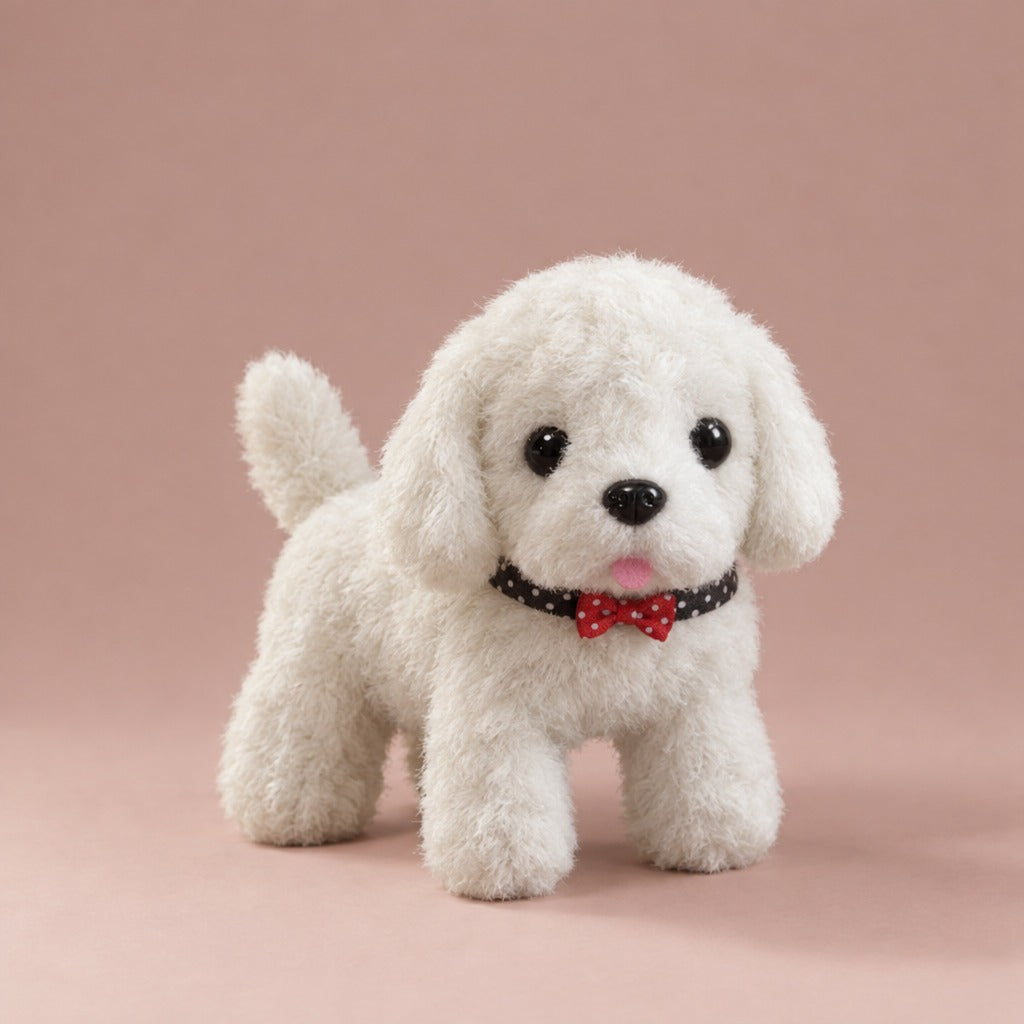 Fluffy white plush puppy toy with black polka-dot collar and red bow