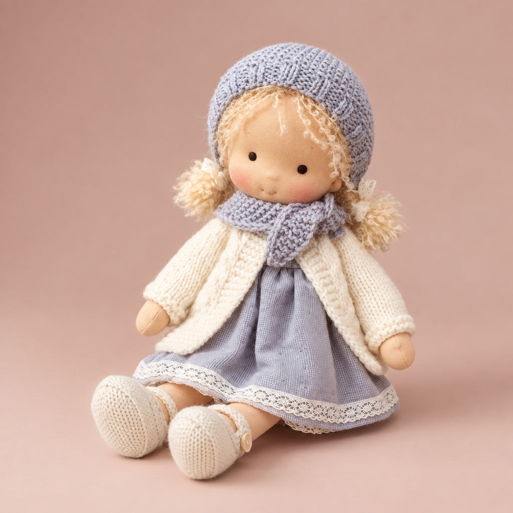 Waldorf-style soft doll in the Lavender style, with lavender knit hat and scarf, cream cardigan and blue dress