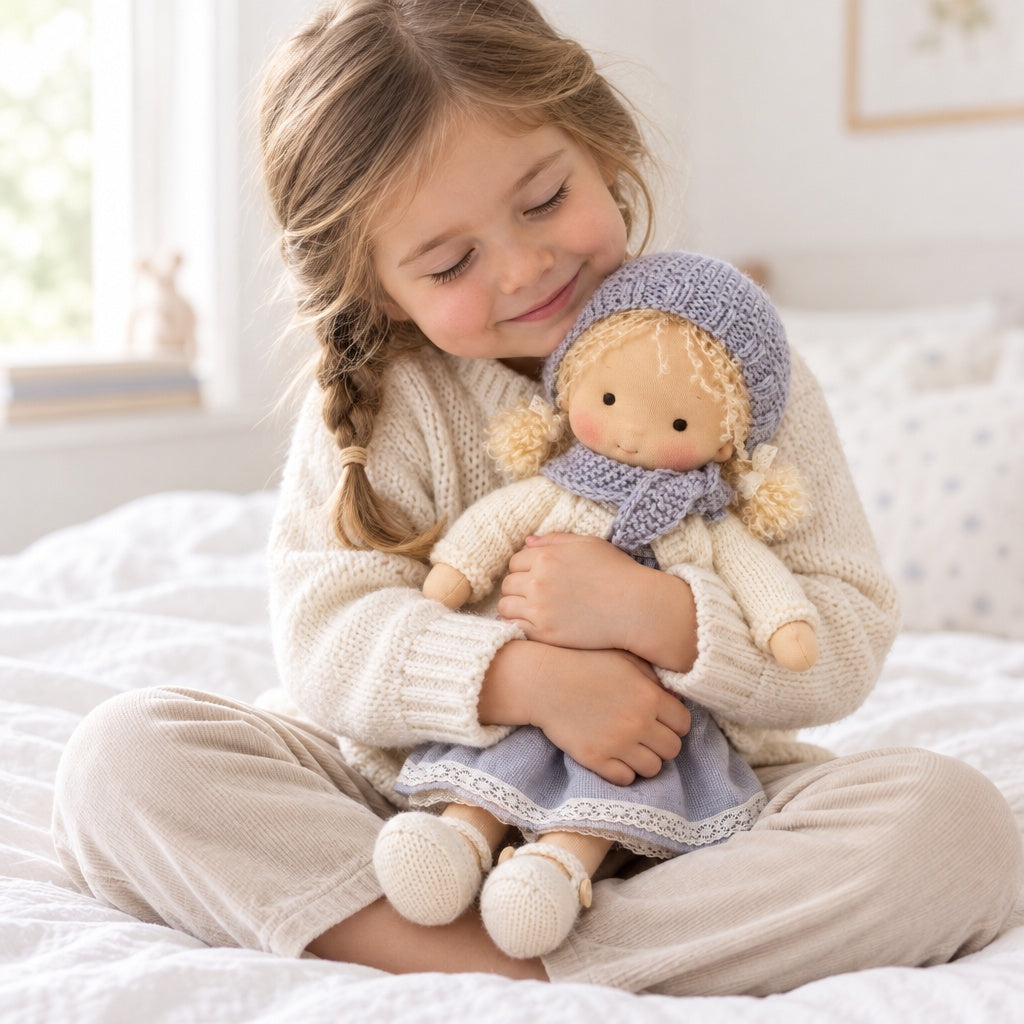 Child hugging a Waldorf handmade plush doll