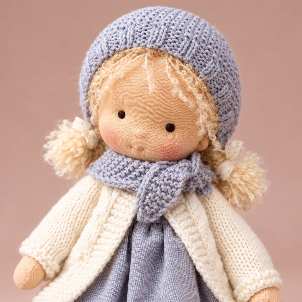 Close-up of the Waldorf plush doll's face and hair