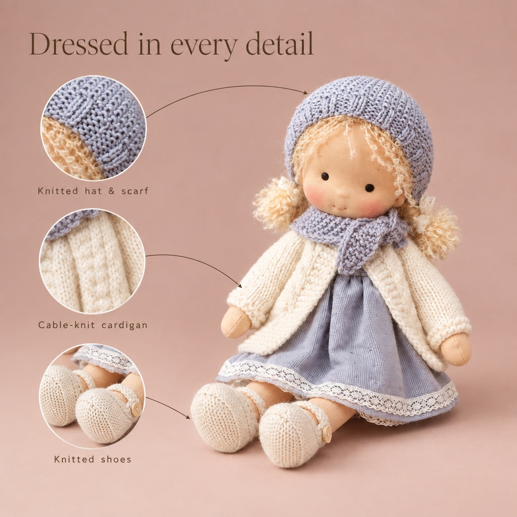 Waldorf plush doll outfit details shown in close-up insets