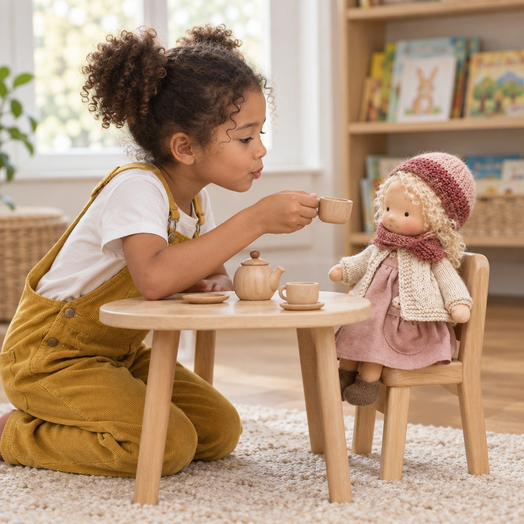 Child playing tea party with a Waldorf handmade plush doll