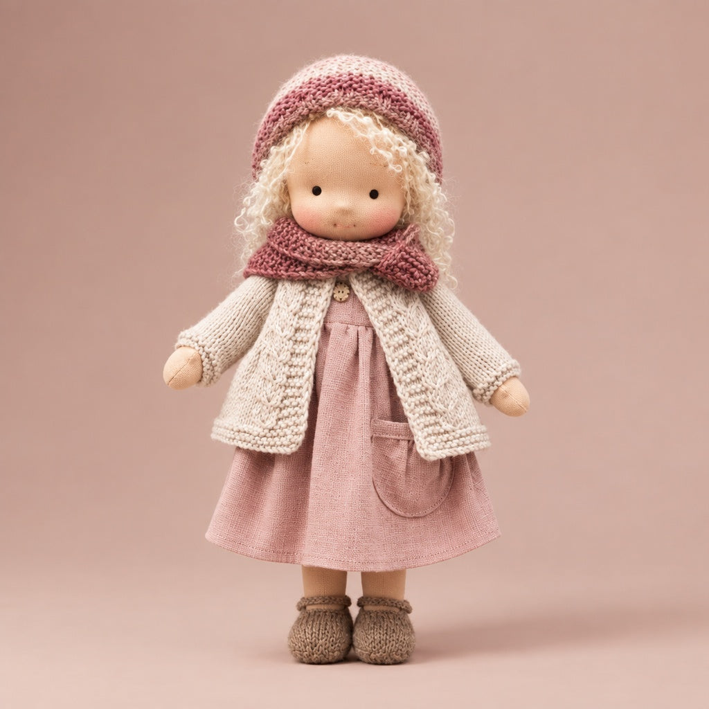 Waldorf-style soft doll in the Rose style, with rose knit hat and scarf, cardigan and pink dress