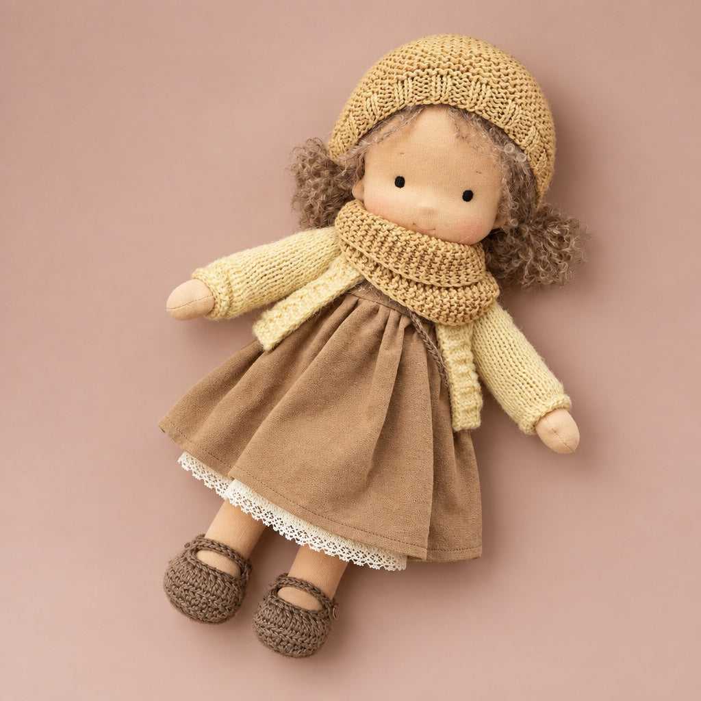 Waldorf-style soft doll in the Honey style, with honey knit hat and scarf, yellow cardigan and brown dress
