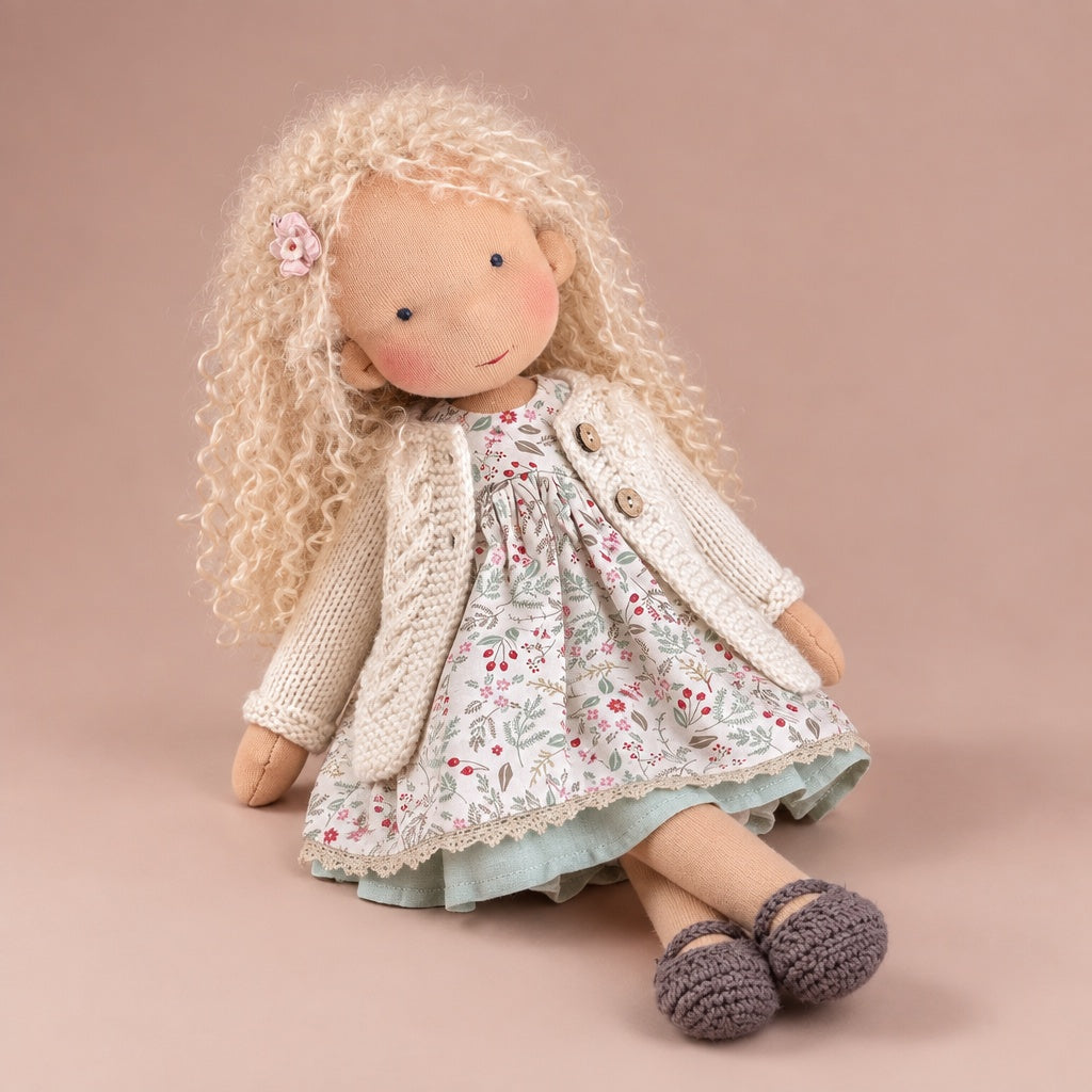 Waldorf-style soft doll in the Meadow style, with long blonde curls, cream cardigan and floral dress