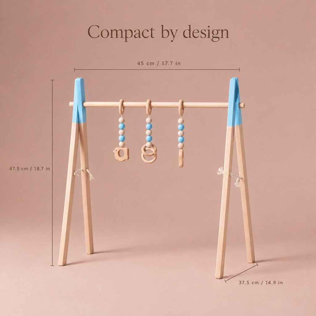 Wooden baby play gym dimensions: 47.5 cm high, 45 cm long, 37.5 cm wide