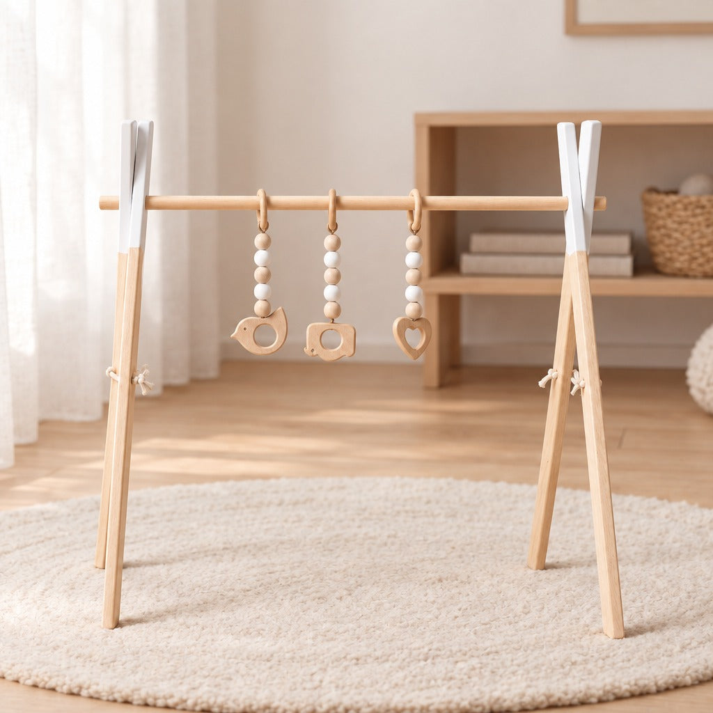 White wooden baby play gym on a rug in a nursery