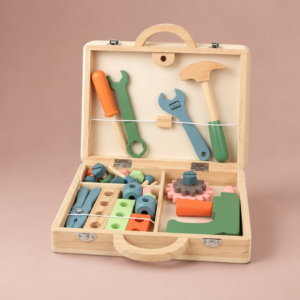 Wooden toy toolbox open, with tools in the lid and parts in the tray