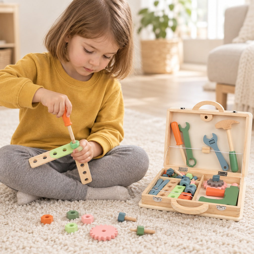 Child building with the wooden toy toolbox on a rug