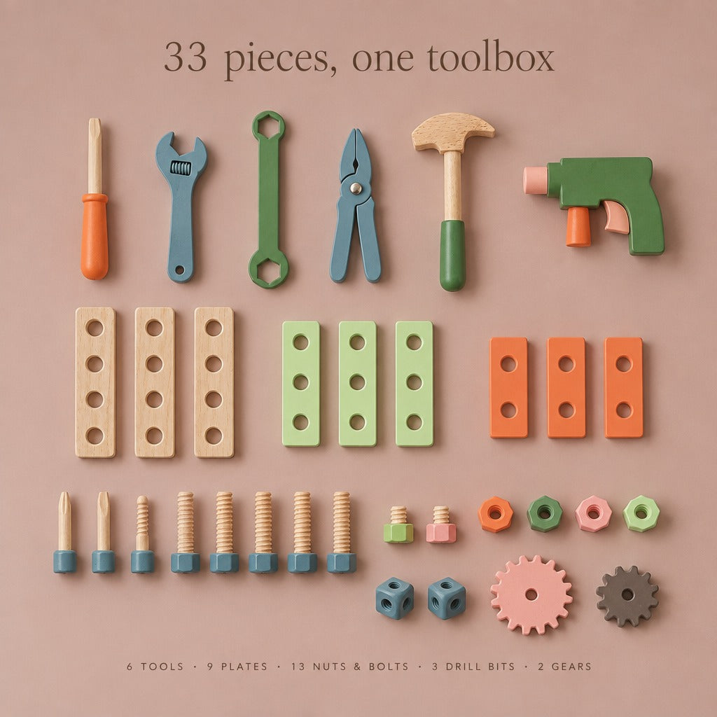 All 33 pieces of the wooden toy toolbox: 6 tools, 9 plates, 13 nuts and bolts, 3 drill bits, 2 gears