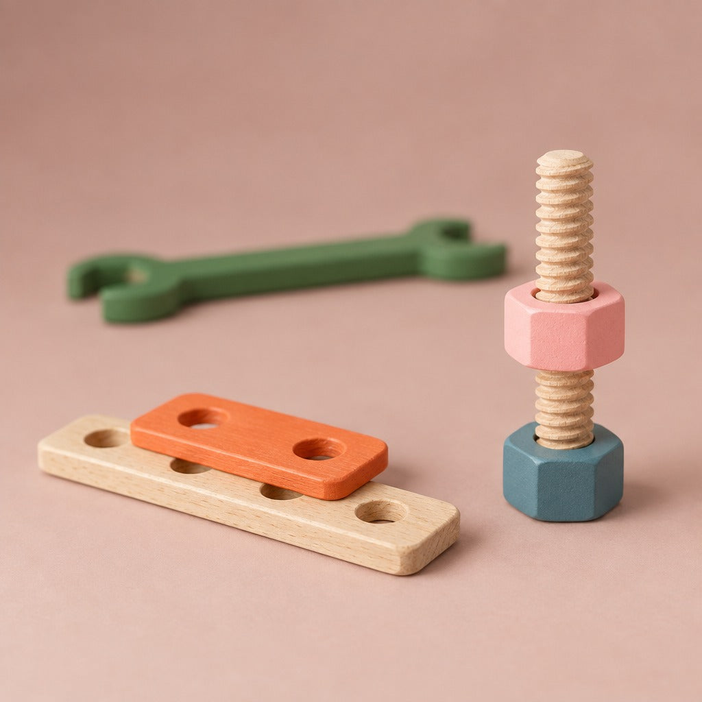 Close-up of a wooden threaded bolt and nut from the toy toolbox