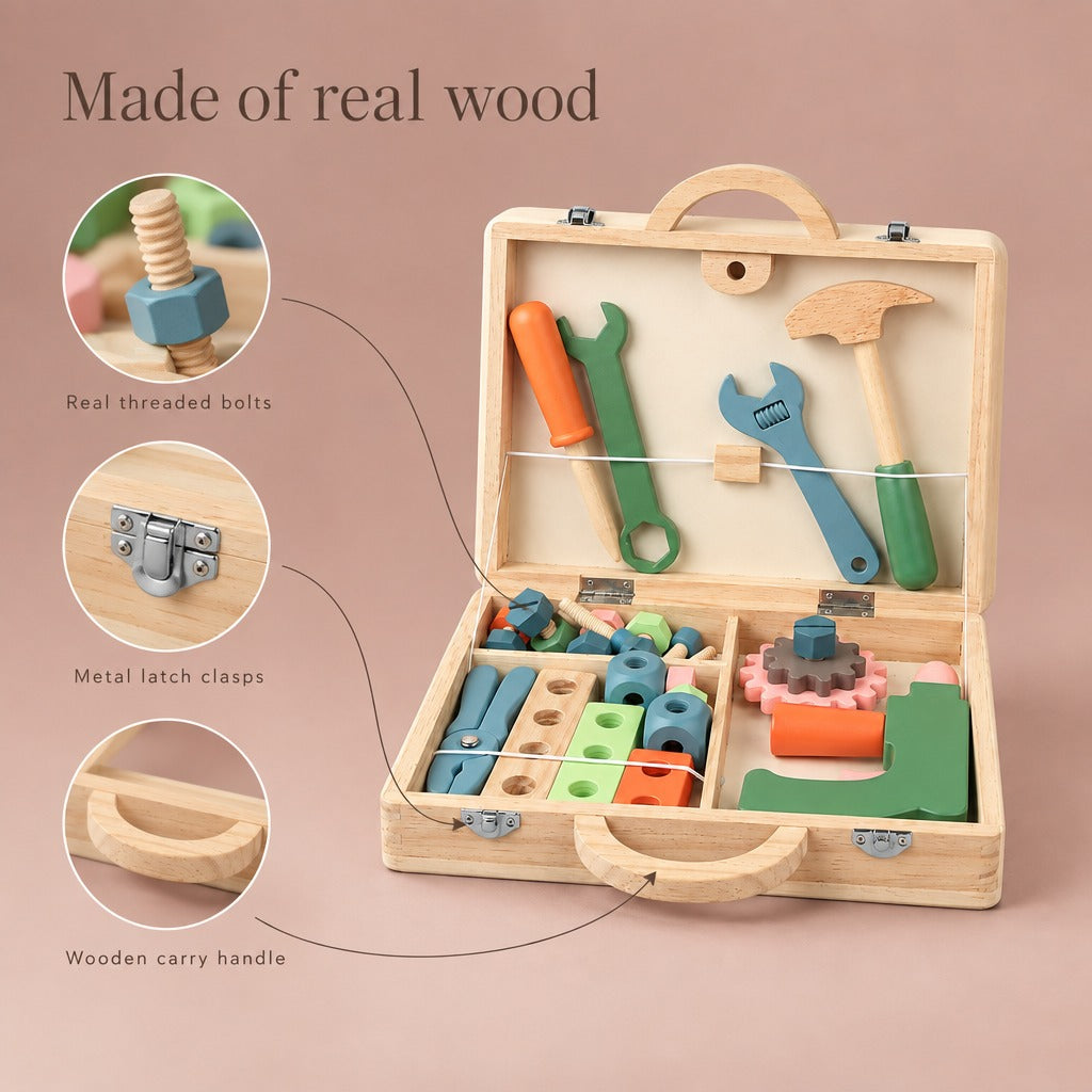 Wooden toy toolbox details: threaded bolts, metal latch clasps, wooden carry handle