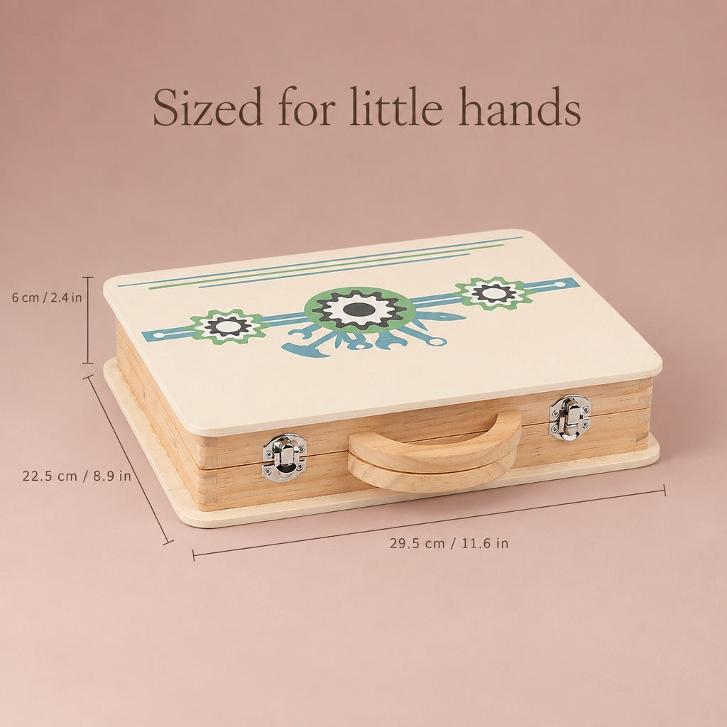 Wooden toy toolbox dimensions: 29.5 x 22.5 x 6 cm (11.6 x 8.9 x 2.4 in)
