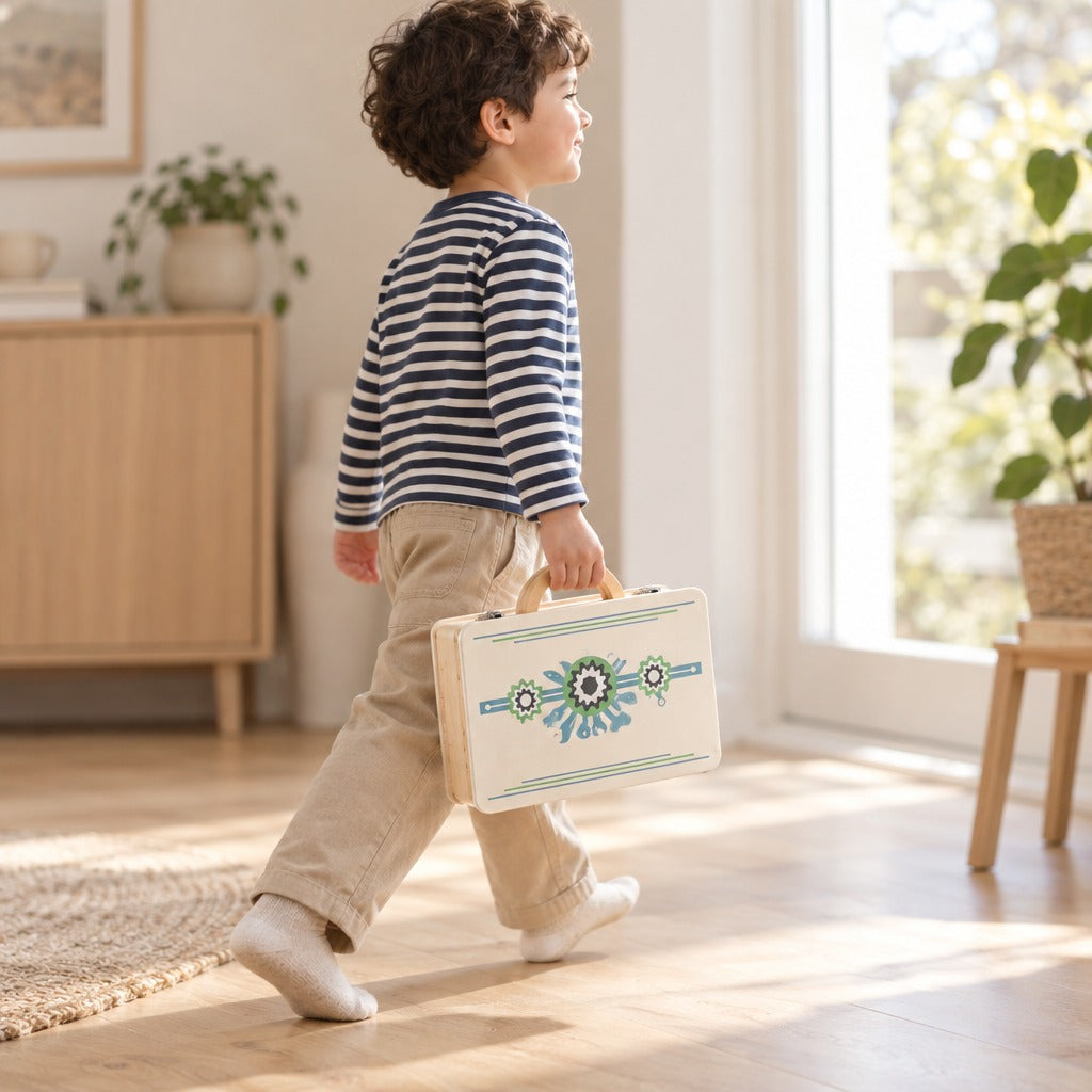 Child carrying the closed wooden toy toolbox by its handle