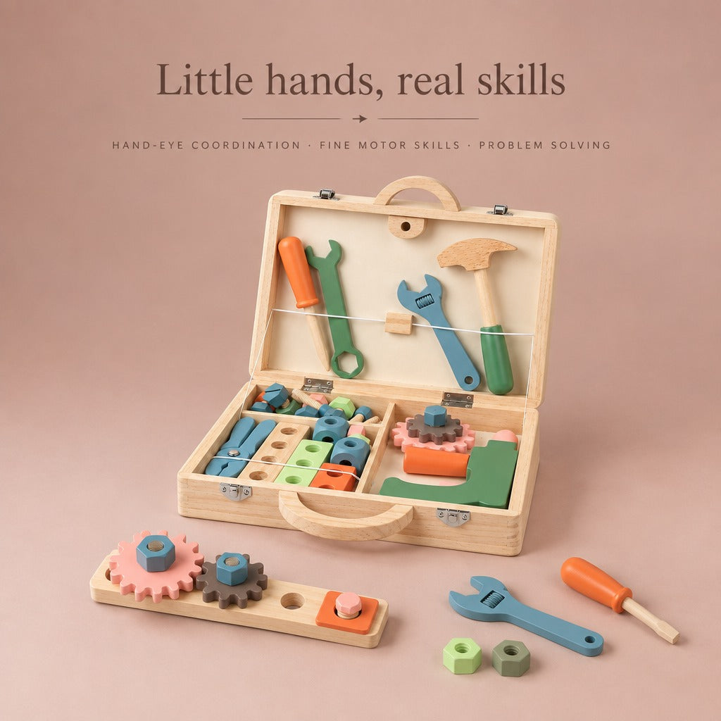 Wooden toy toolbox with a gear build: hand-eye coordination, fine motor skills, problem solving