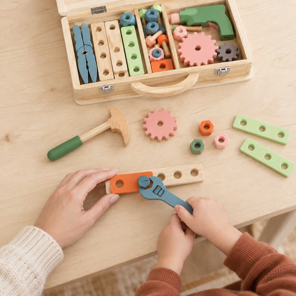 Parent and child tightening a wooden bolt with the toy wrench